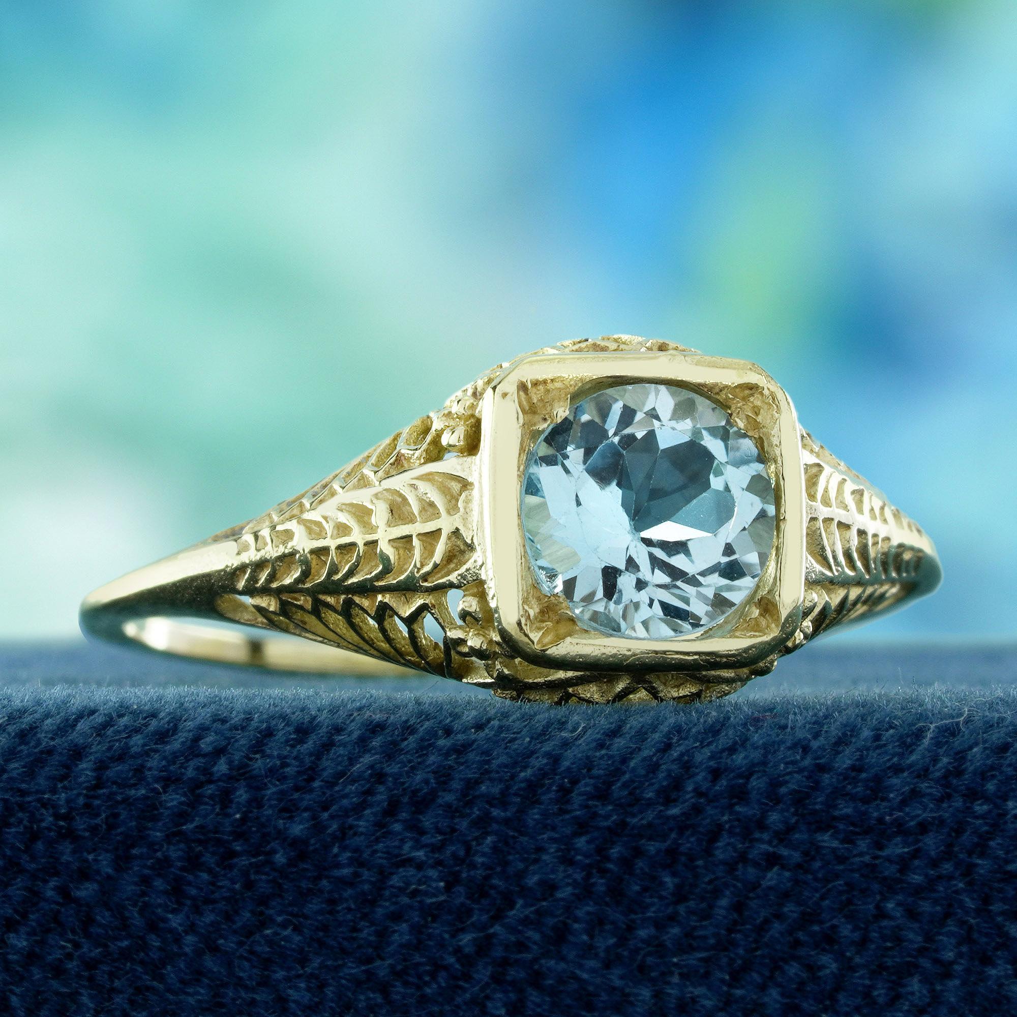 9K Gelbgold Natürlicher Blautopas Vintage Style Filigran  Ring (Edwardian) im Angebot