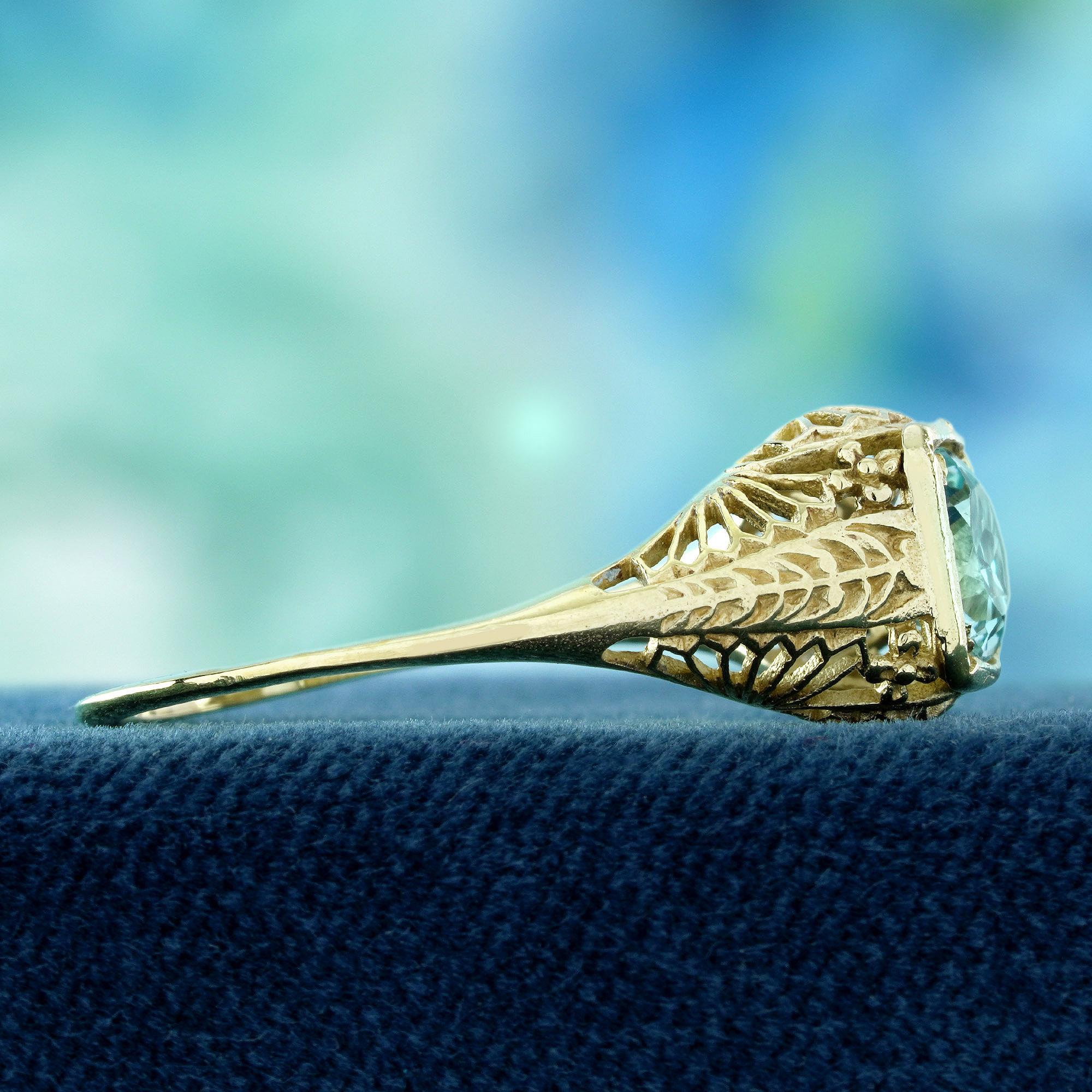 9K Gelbgold Natürlicher Blautopas Vintage Style Filigran  Ring (Rundschliff) im Angebot