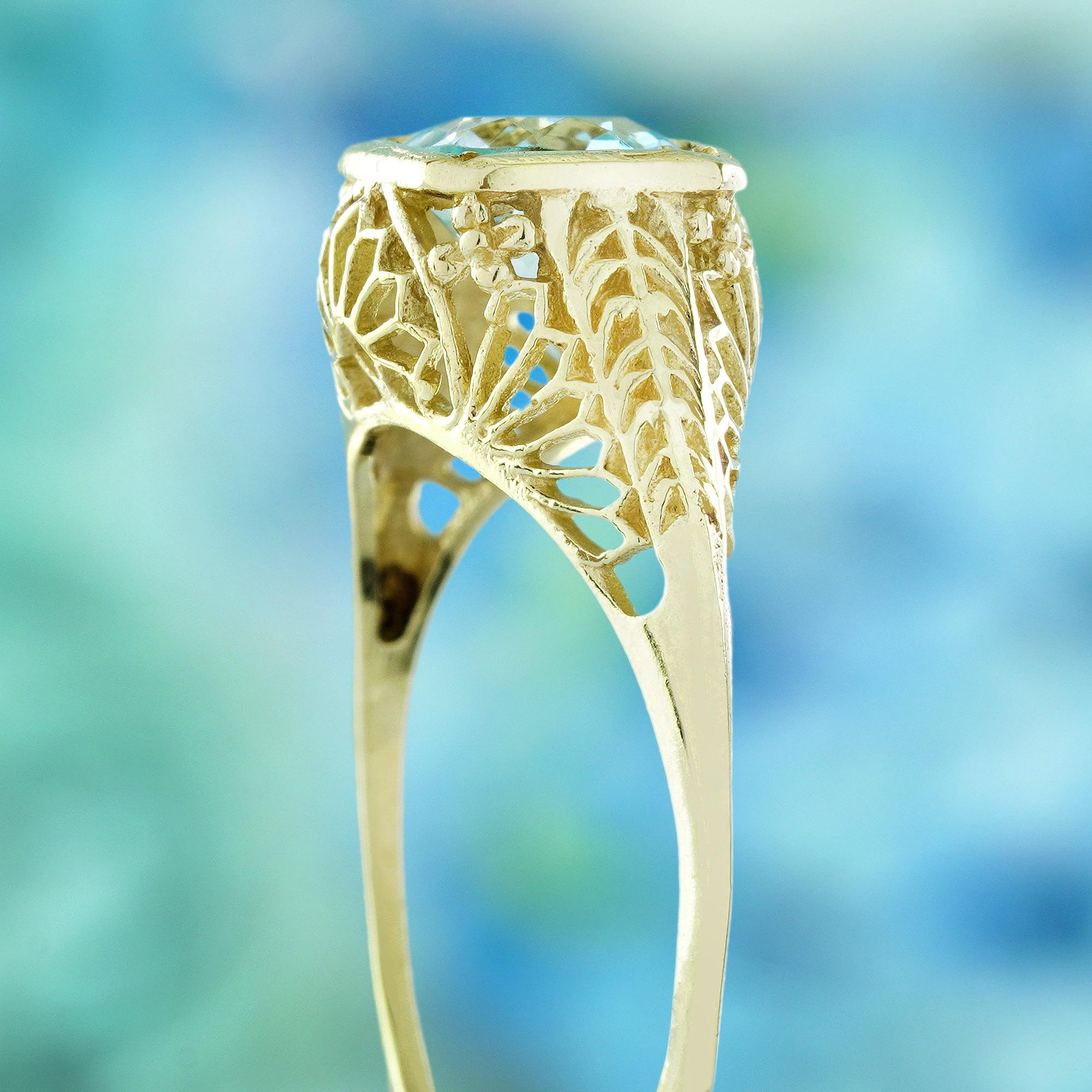 9K Gelbgold Natürlicher Blautopas Vintage Style Filigran  Ring Damen im Angebot
