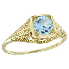 9K Yellow Gold Natural Blue Topaz Vintage Style Filigree  Ring