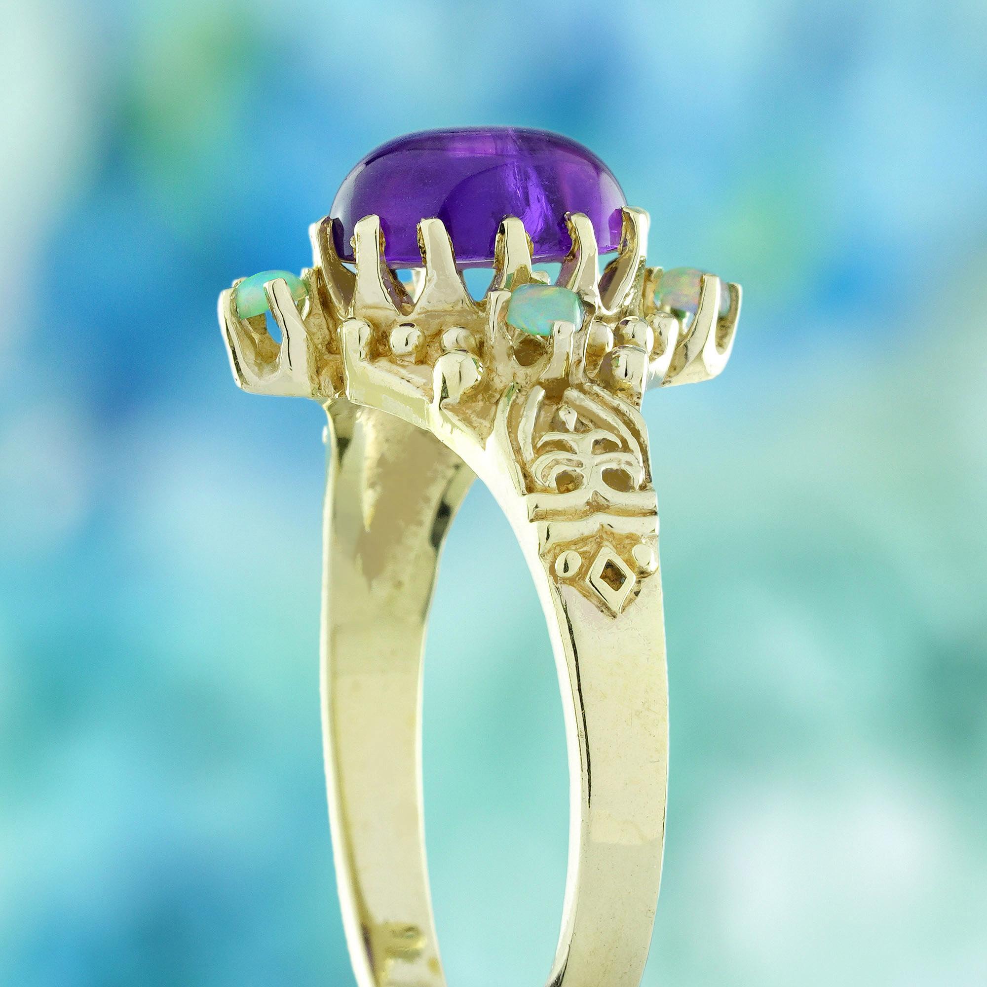 Bague en or jaune 9K avec améthyste cabochon naturelle et opale, style vintage Pour femmes en vente