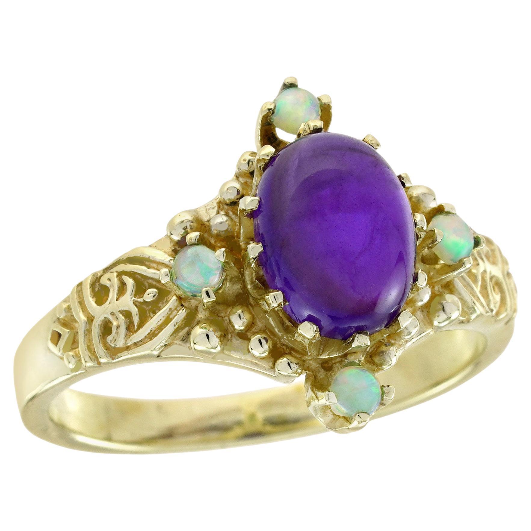 Bague en or jaune 9K avec améthyste cabochon naturelle et opale, style vintage