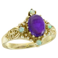 Bague en or jaune 9K avec améthyste cabochon naturelle et opale, style vintage
