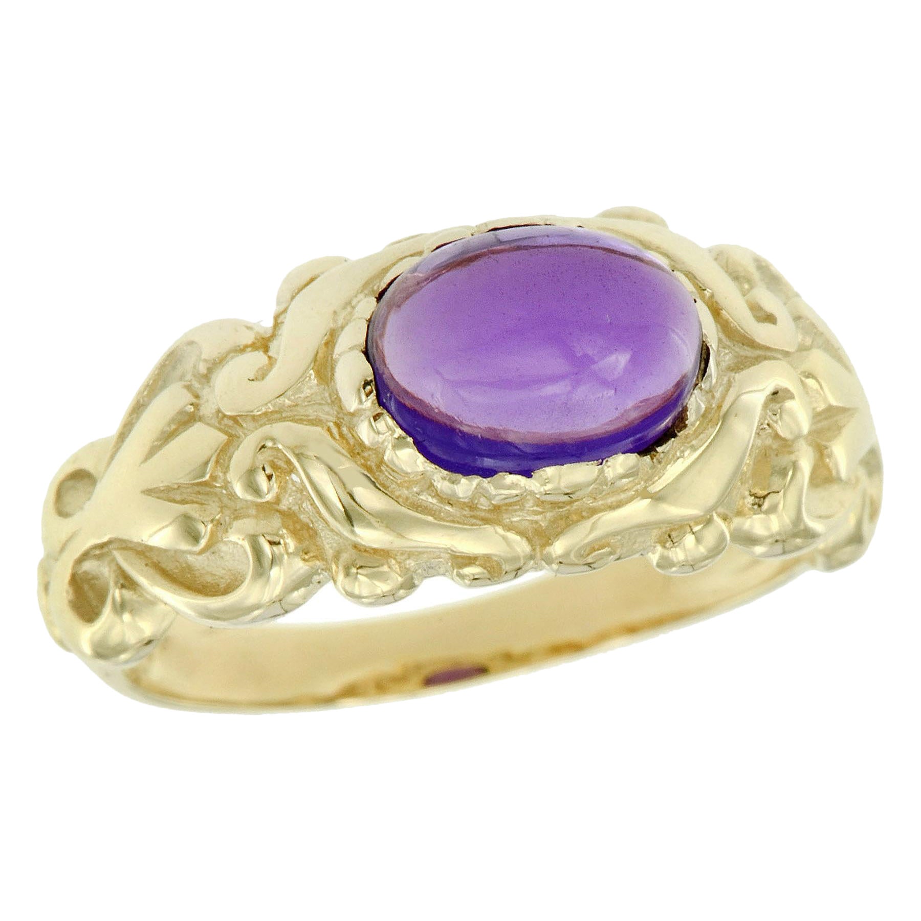 Bague en or jaune 9K avec cabochon naturel d'améthyste, style vintage et sculpté
