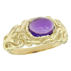 Bague en or jaune 9K avec cabochon naturel d'améthyste, style vintage et sculpté
