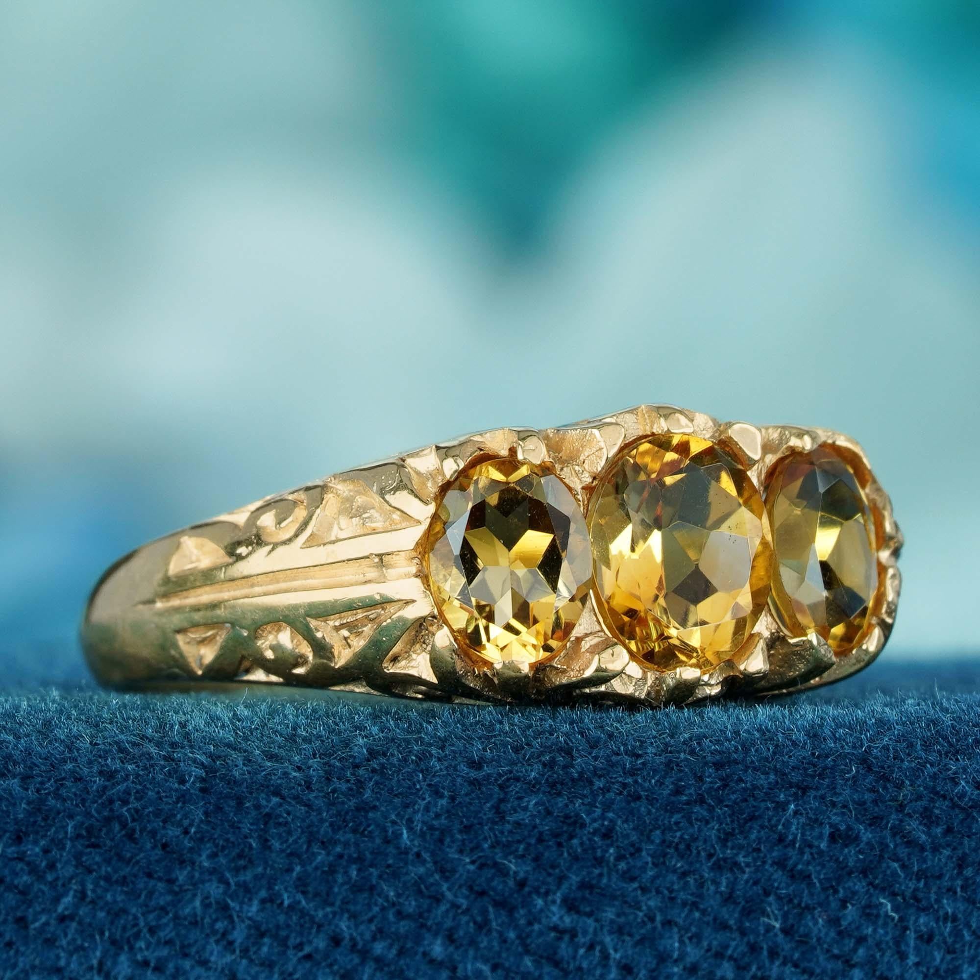 Édouardien Bague à trois pierres en or jaune 9K, citrine naturelle, style vintage en vente
