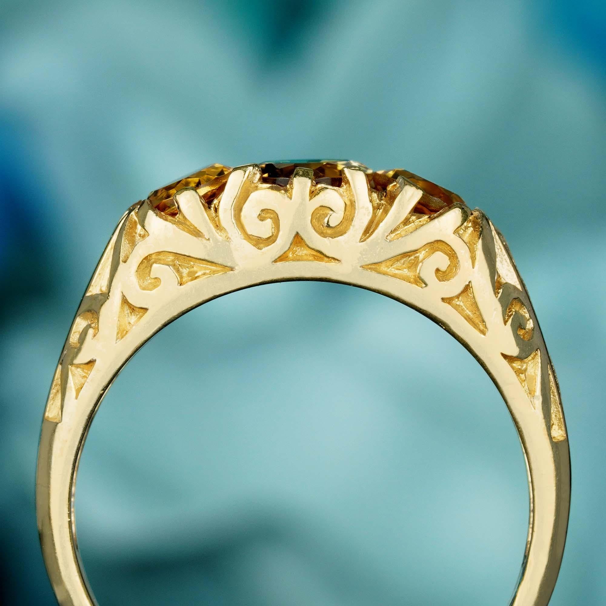 Bague à trois pierres en or jaune 9K, citrine naturelle, style vintage Neuf - En vente à Bangkok, TH