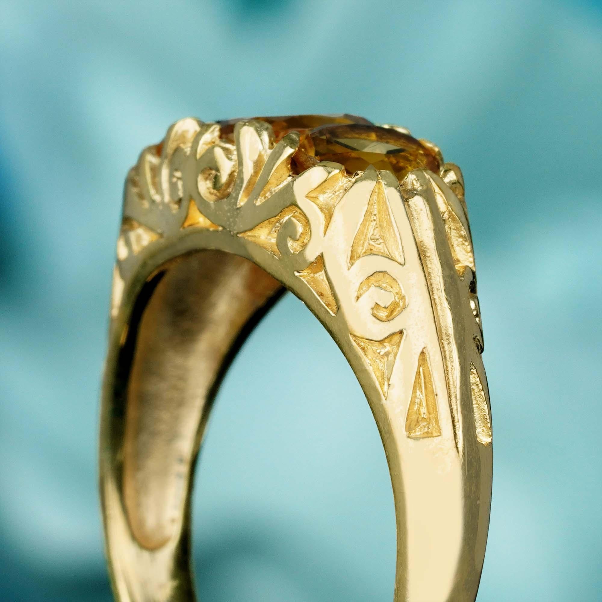 Bague à trois pierres en or jaune 9K, citrine naturelle, style vintage Pour femmes en vente