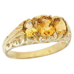 9K Yellow Gold Natural Citrine Vintage Style Three Stones Ring