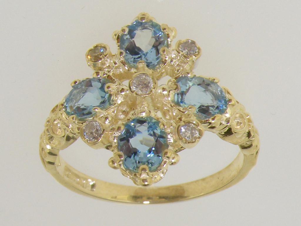 For Sale:  9K Yellow Gold Natural Diamond & AAA Aquamarine Womens Cluster Engagement Ring 2