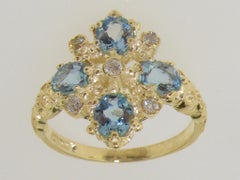 9K Yellow Gold Natural Diamond & AAA Aquamarine Womens Cluster Engagement Ring