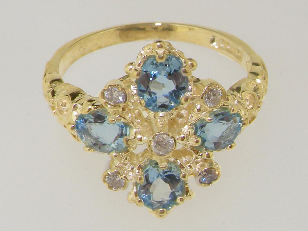 For Sale:  9K Yellow Gold Natural Diamond & AAA Aquamarine Womens Cluster Engagement Ring 5