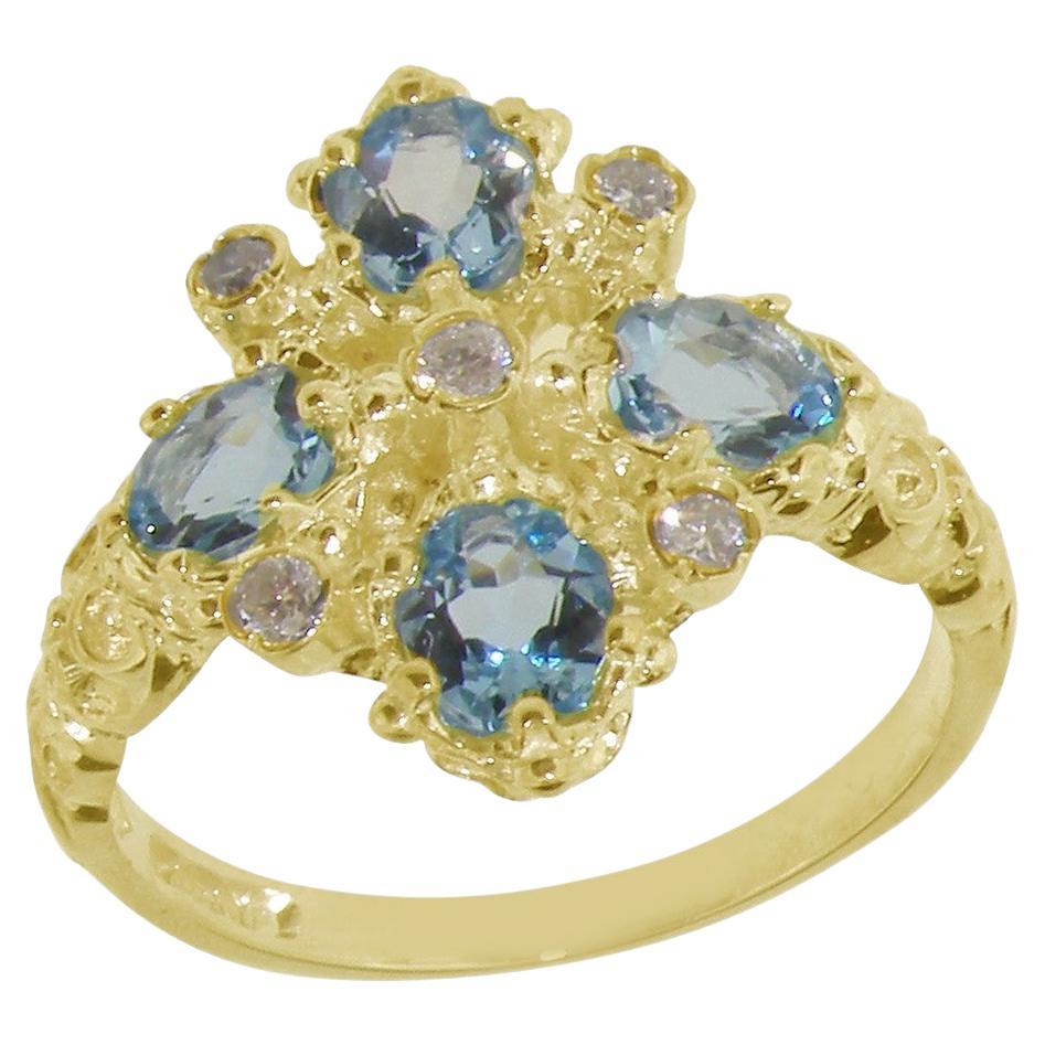 9K Yellow Gold Natural Diamond & AAA Aquamarine Womens Cluster Engagement Ring