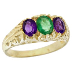 Anello a tre pietre in oro giallo 9K con smeraldo naturale e ametista in stile vintage
