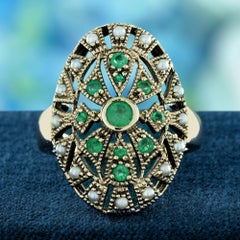 9K Yellow Gold Natural Emerald and Pearl Vintage Style Cocktail Ring