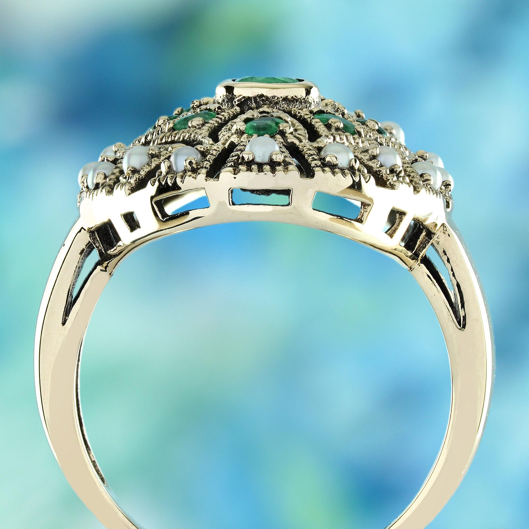 Bague de cocktail en or jaune 9K, émeraude naturelle et perle, style vintage Neuf - En vente à Bangkok, TH
