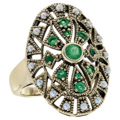 9K Yellow Gold Natural Emerald and Pearl Vintage Style Cocktail Ring