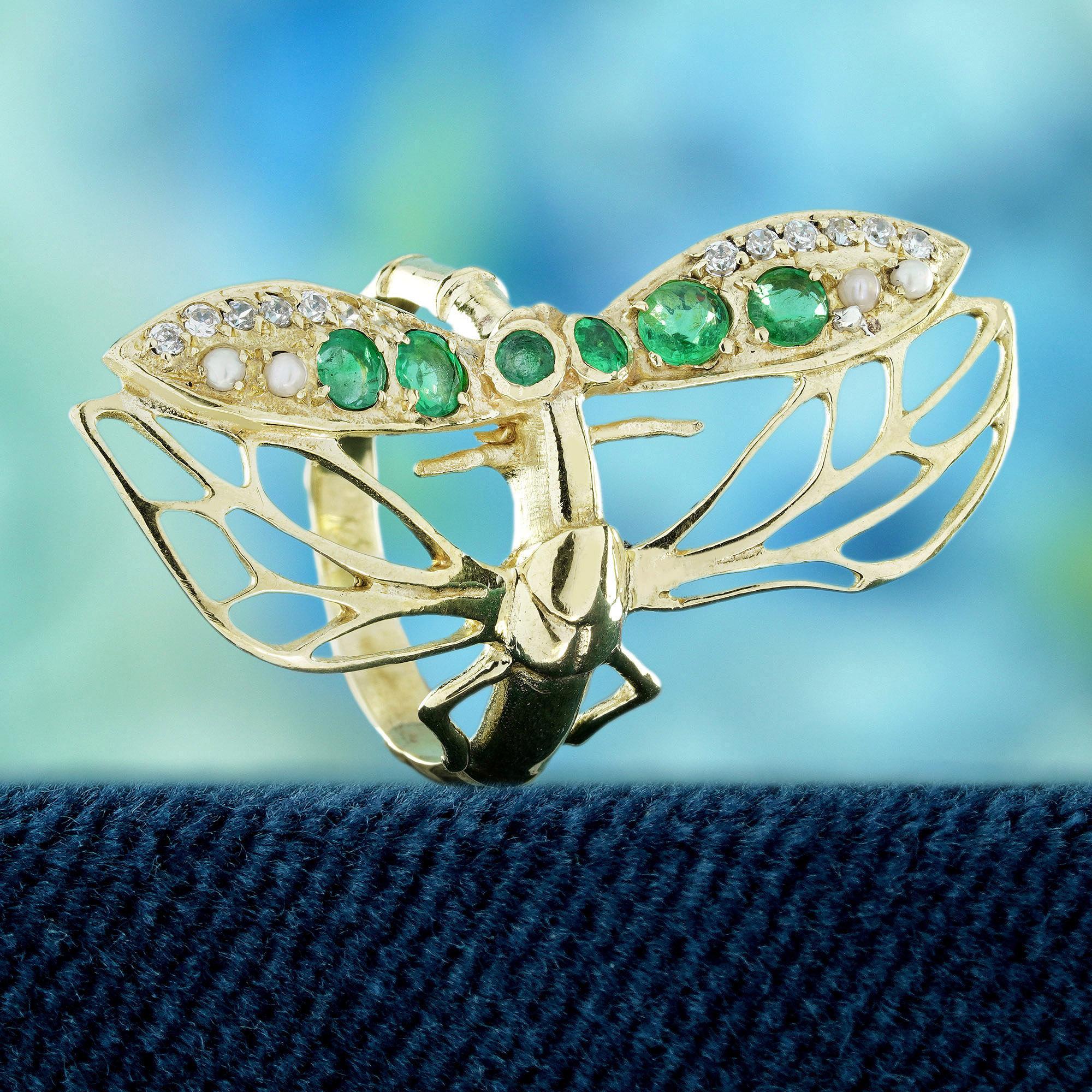 Édouardien Bague libellule en or jaune 9K, émeraude naturelle, perle et diamant, style vintage en vente