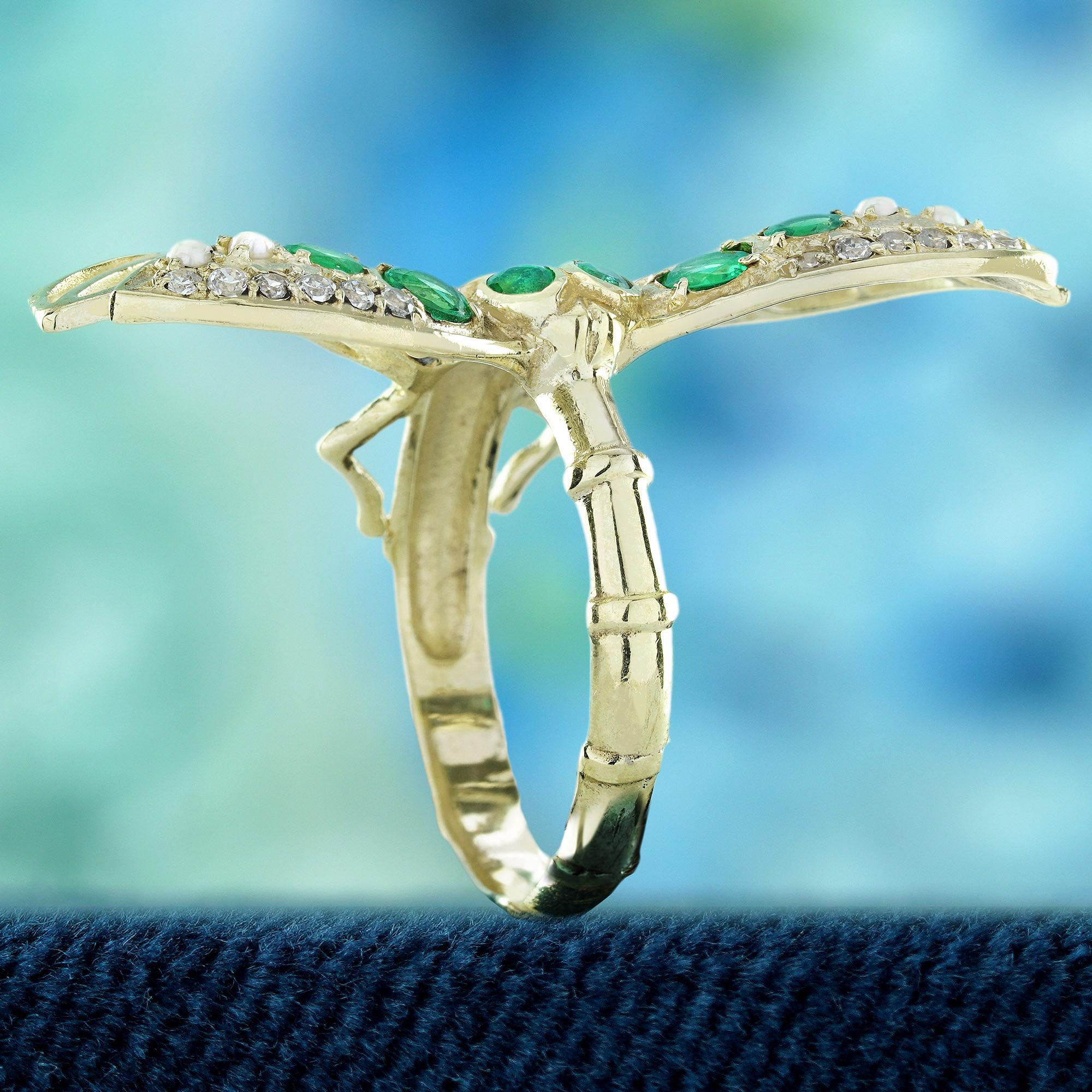 Bague libellule en or jaune 9K, émeraude naturelle, perle et diamant, style vintage Pour femmes en vente