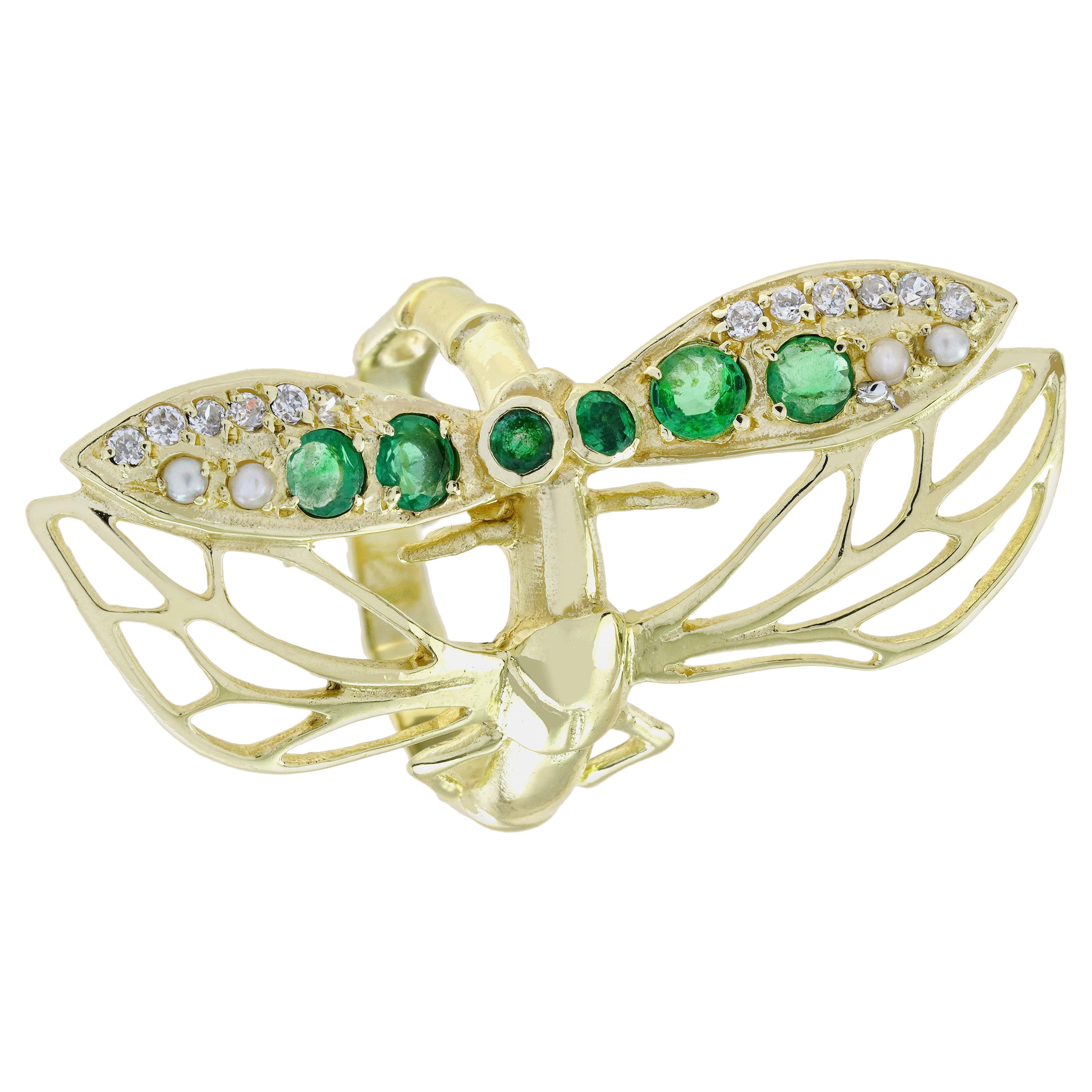 Bague libellule en or jaune 9K, émeraude naturelle, perle et diamant, style vintage en vente