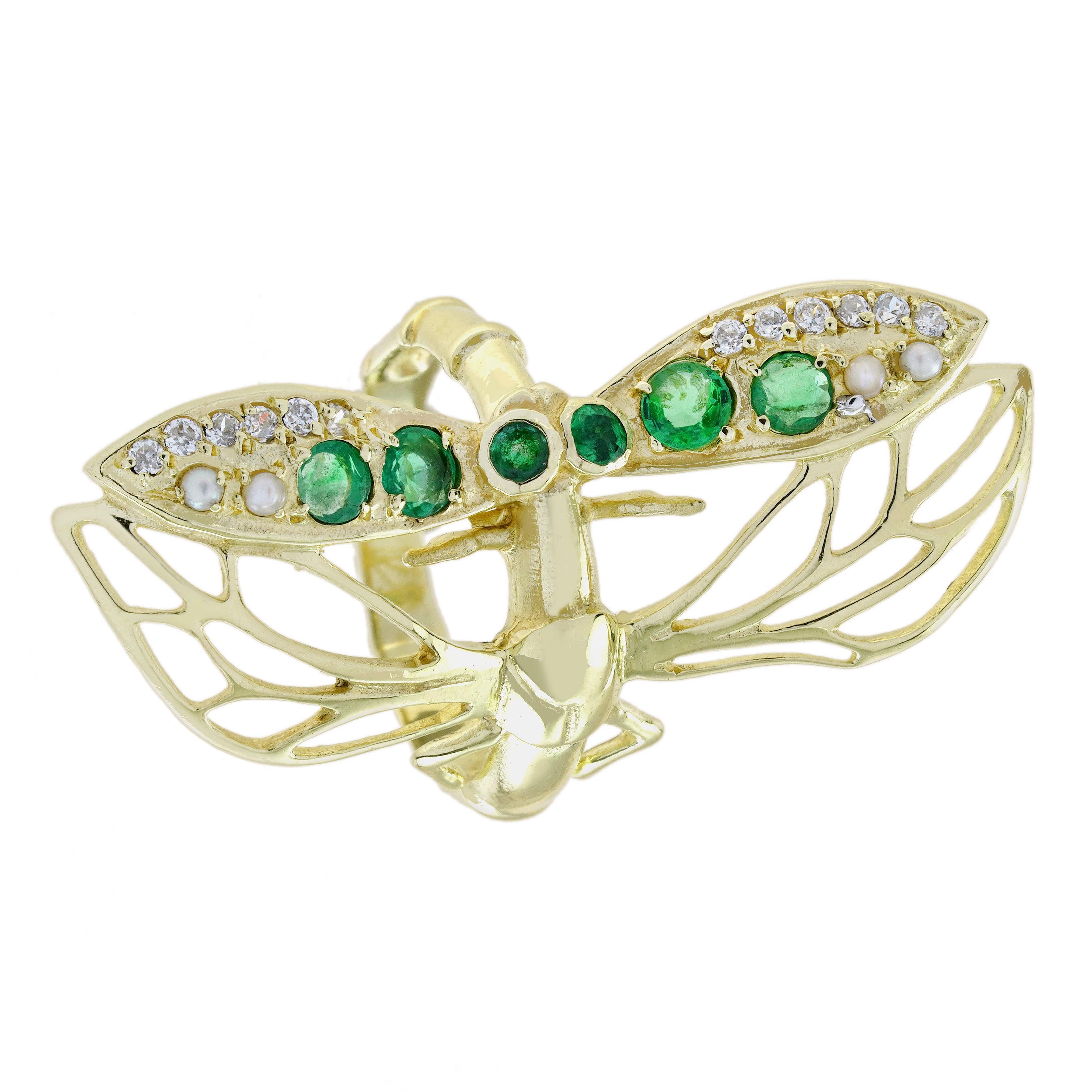 Bague libellule en or jaune 9K, émeraude naturelle, perle et diamant, style vintage en vente
