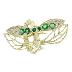 9K Yellow Gold Natural Emerald Pearl and Diamond Vintage Style Dragonfly Ring