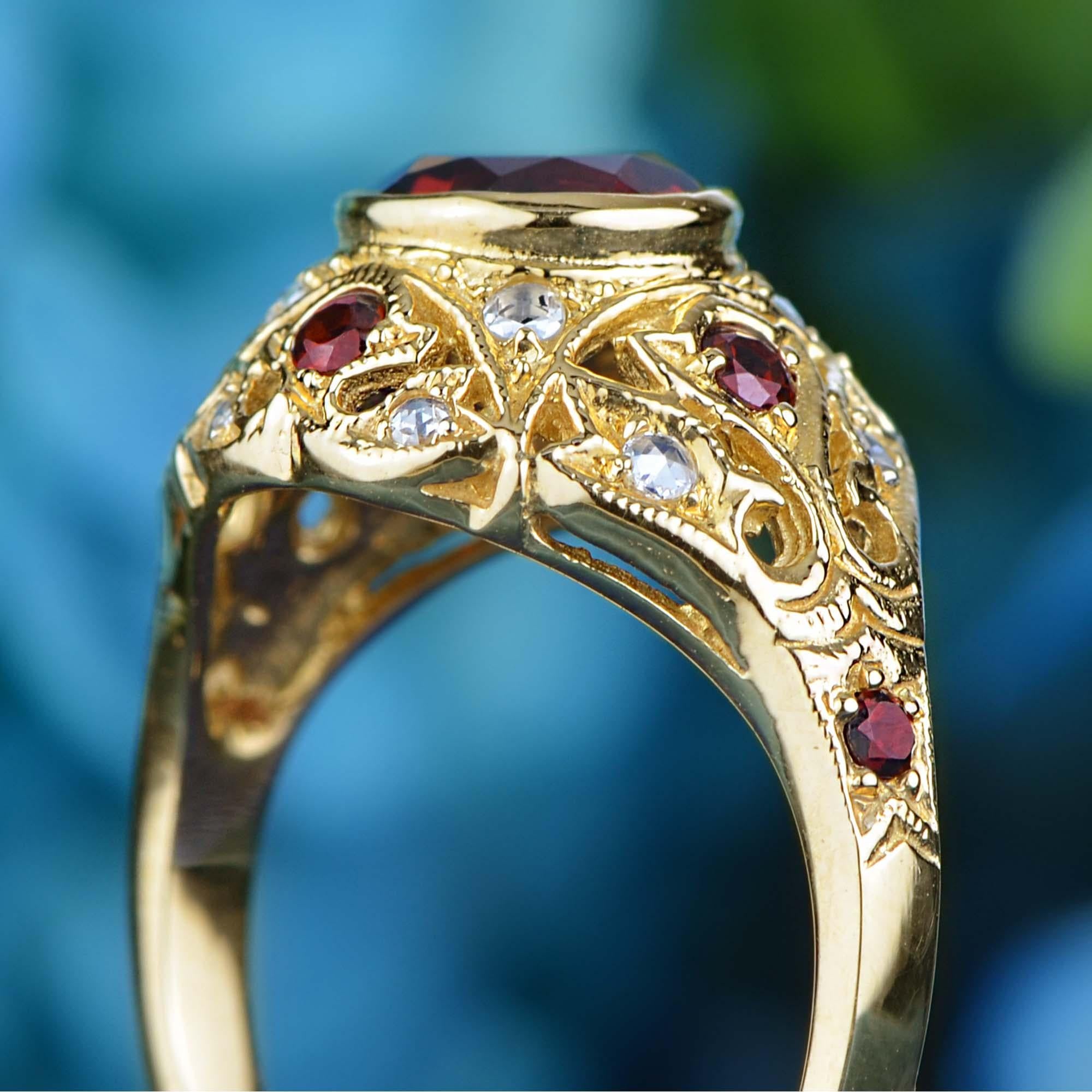 Bague dôme de style édouardien en or jaune 9K avec grenat naturel et diamants Pour femmes en vente