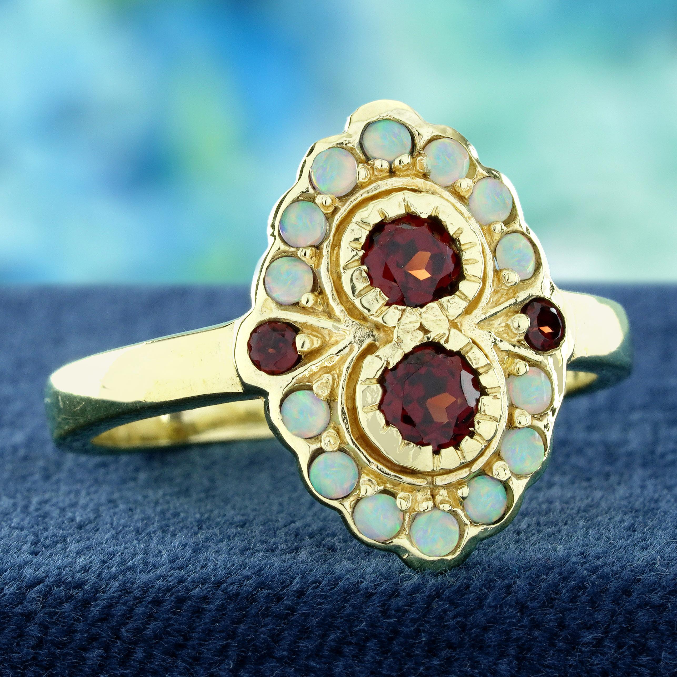 Édouardien Boucle en or jaune 9K, grenat naturel et opale, style vintage  Bague en vente