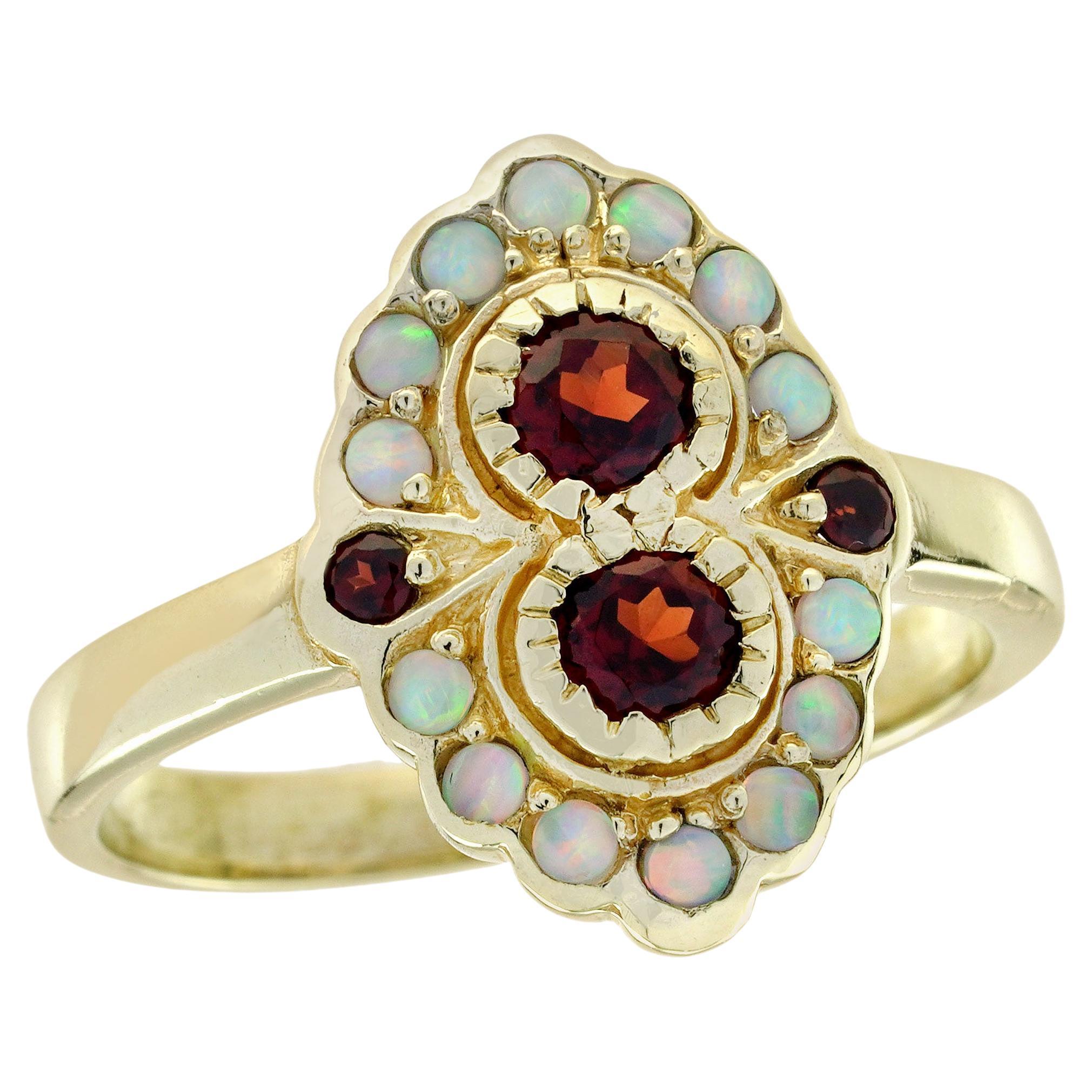 Cluster in oro giallo 9K con granato naturale e opale in stile vintage  Anello