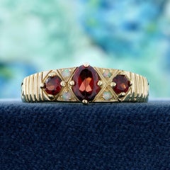 9K Yellow Gold Natural Garnet and Opal Vintage Style Three Stone Ring