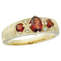 9K Yellow Gold Natural Garnet and Opal Vintage Style Three Stone Ring