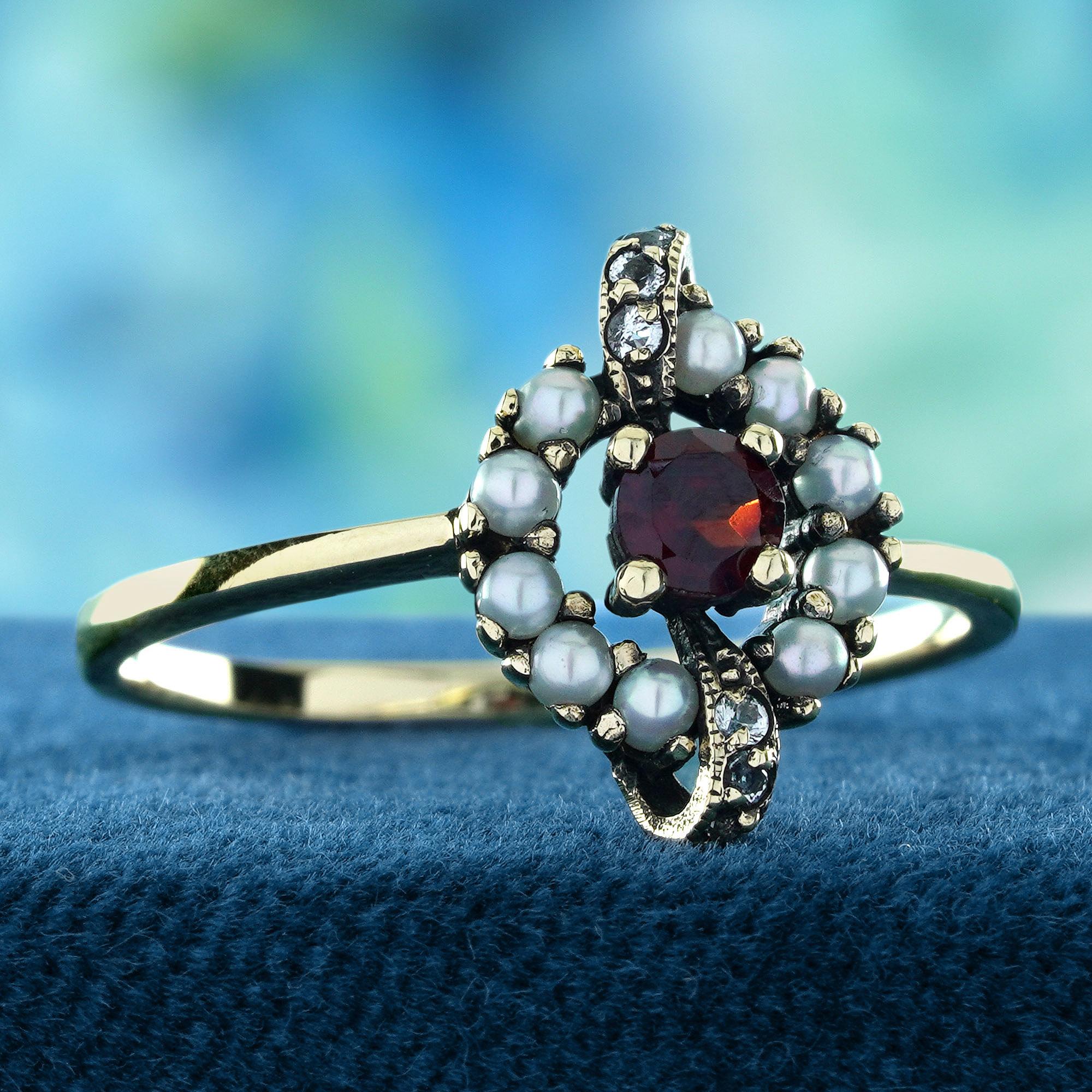 Anillo Estilo Vintage de Oro Amarillo de 9 K Perla Granate Natural y Topacio Blanco Eduardiano en venta