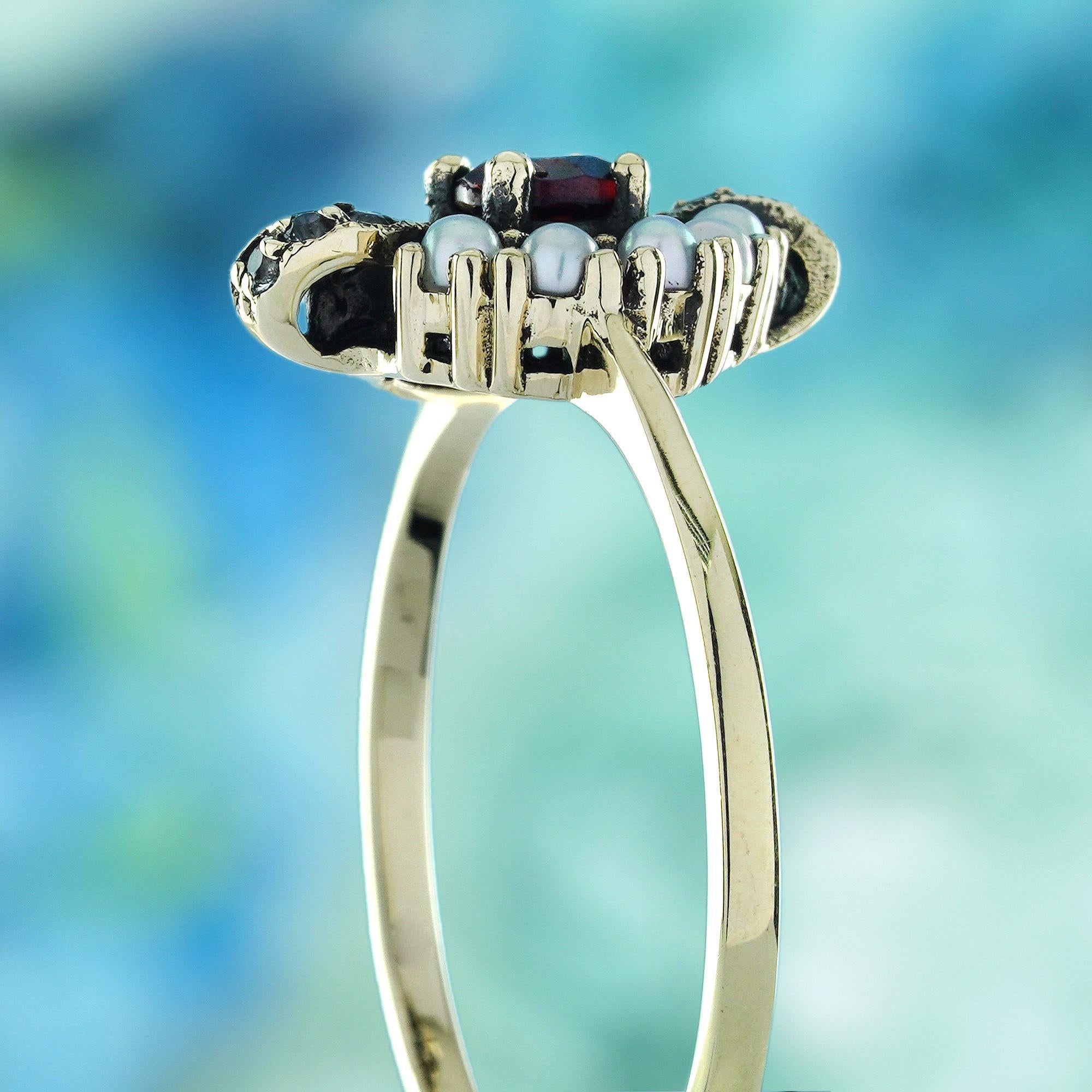De las mujeres Anillo Estilo Vintage de Oro Amarillo de 9 K Perla Granate Natural y Topacio Blanco en venta