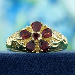 9K Gelbgold Natürlicher Granat Vintage Style Floral Cluster Geschnitzter Ring