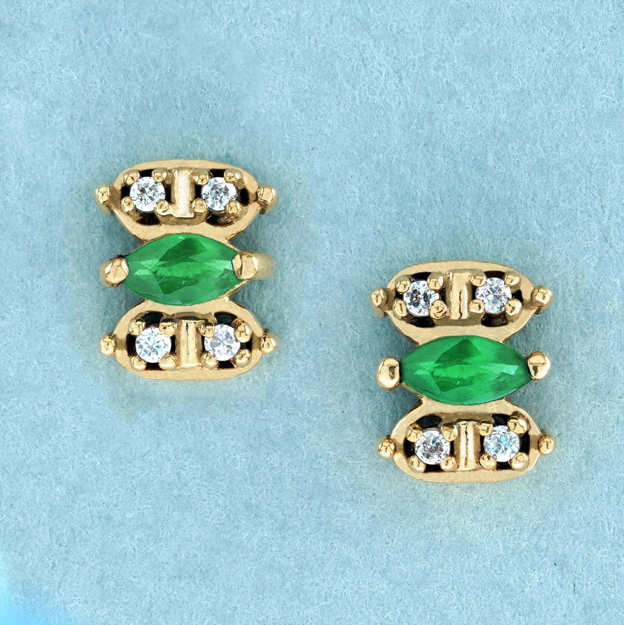 Introducing our natural marquise emerald and diamond vintage style stud earrings in 9k yellow gold. These exquisite earrings feature stunning marquise-shaped emeralds intricately set between small sparkling diamonds, creating a perfect harmony of