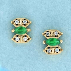 9K Yellow Gold Natural Marquise Emerald and Diamond Vintage Style Stud Earrings