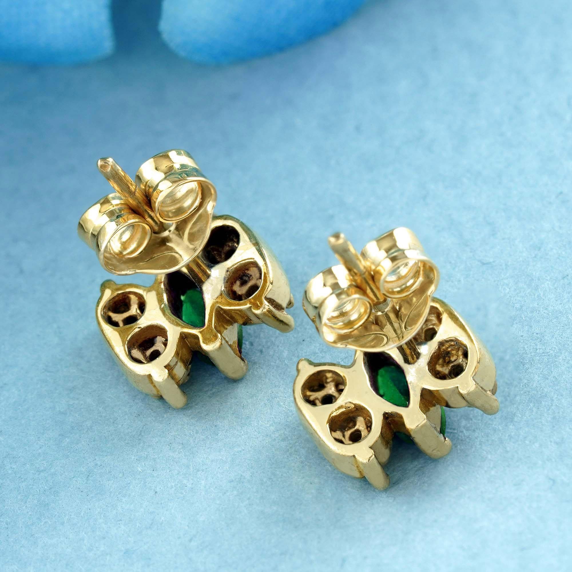 Marquise Cut 9K Yellow Gold Natural Marquise Emerald and Diamond Vintage Style Stud Earrings For Sale