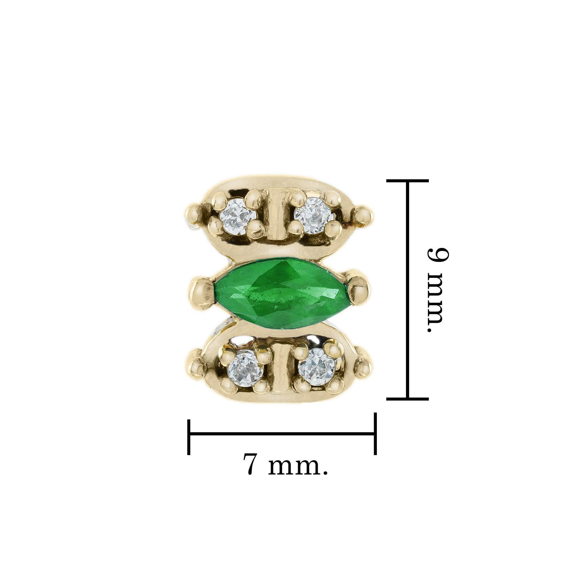 9K Yellow Gold Natural Marquise Emerald and Diamond Vintage Style Stud Earrings In New Condition For Sale In Bangkok, TH