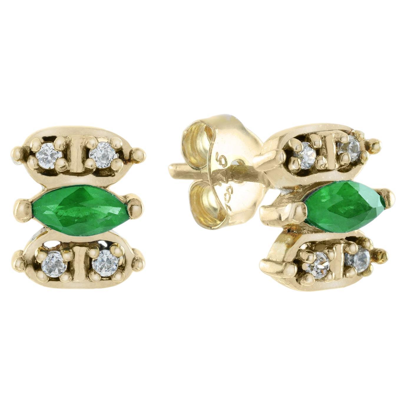 9K Yellow Gold Natural Marquise Emerald and Diamond Vintage Style Stud Earrings
