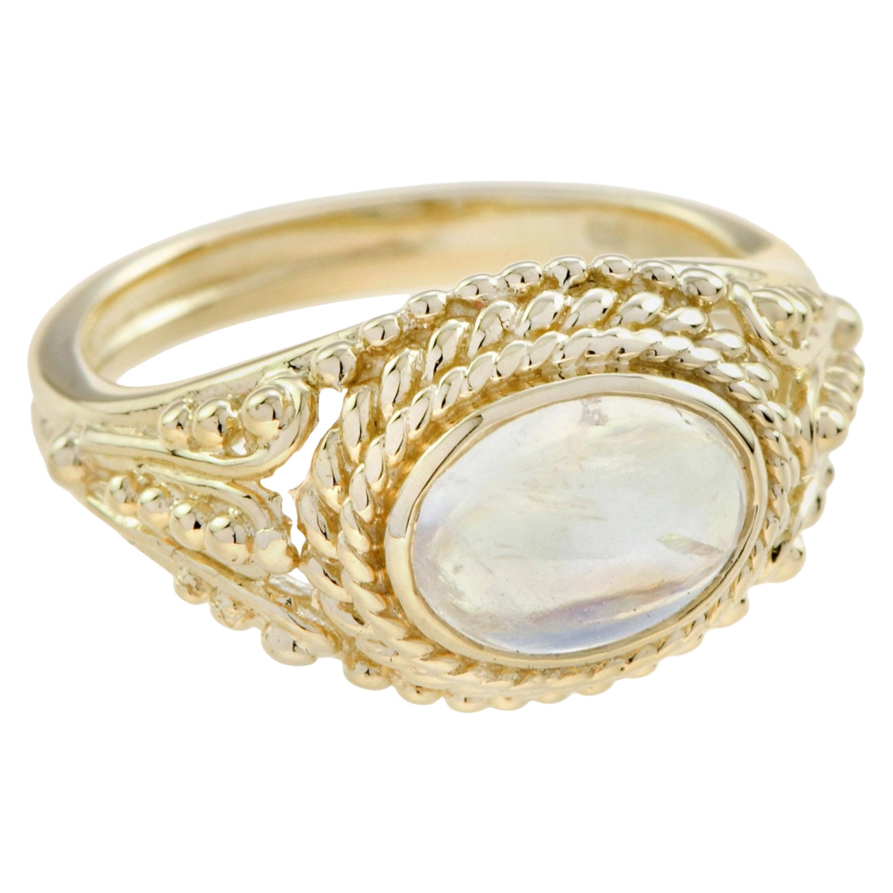 Anillo de cuerda estilo vintage de piedra lunar natural de oro amarillo de 9 quilates