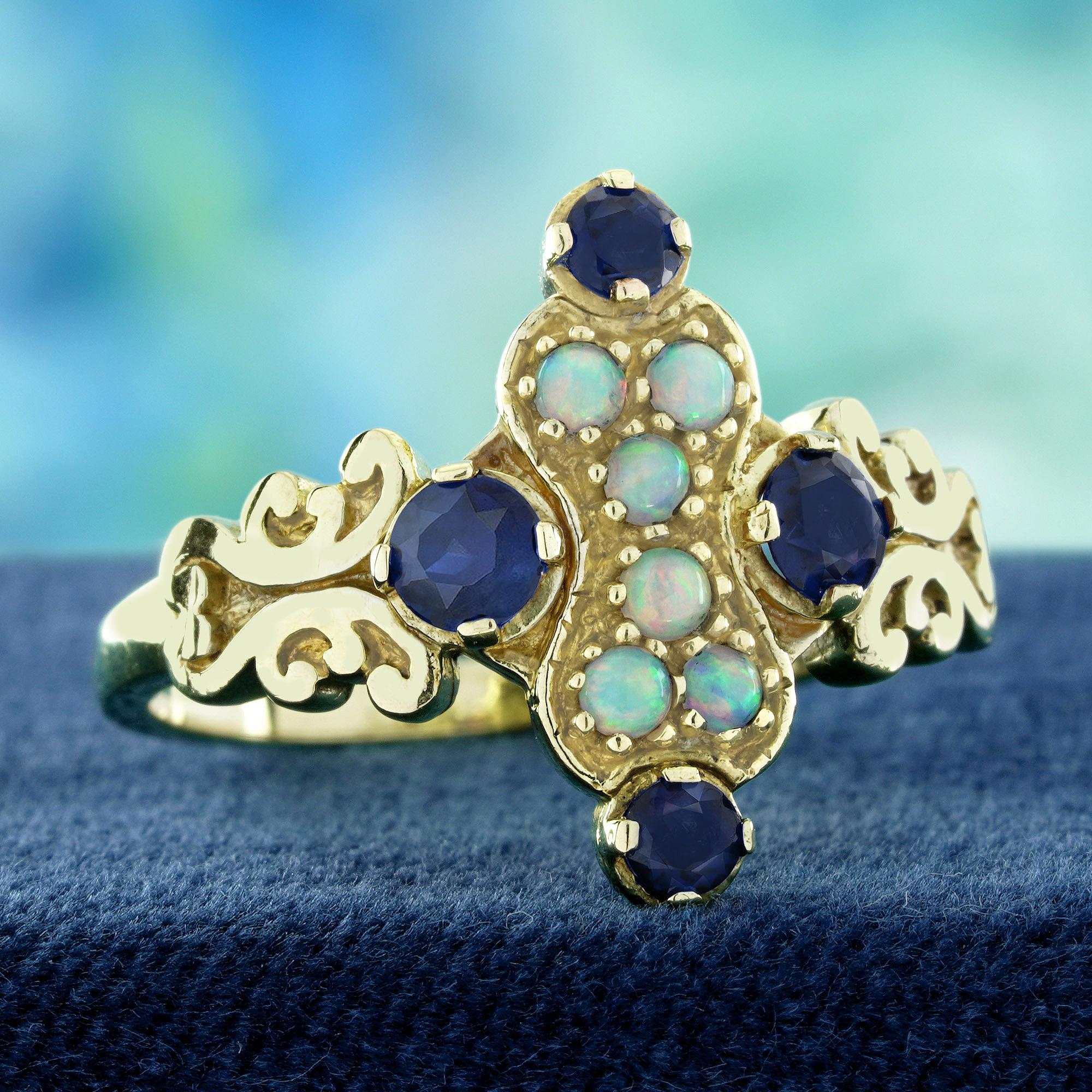 Edoardiano Anello a grappolo in oro giallo 9K con opale naturale e zaffiro blu in stile vintage in vendita