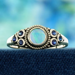 9K Yellow Gold Natural Opal and Blue Sapphire Vintage Style Ring