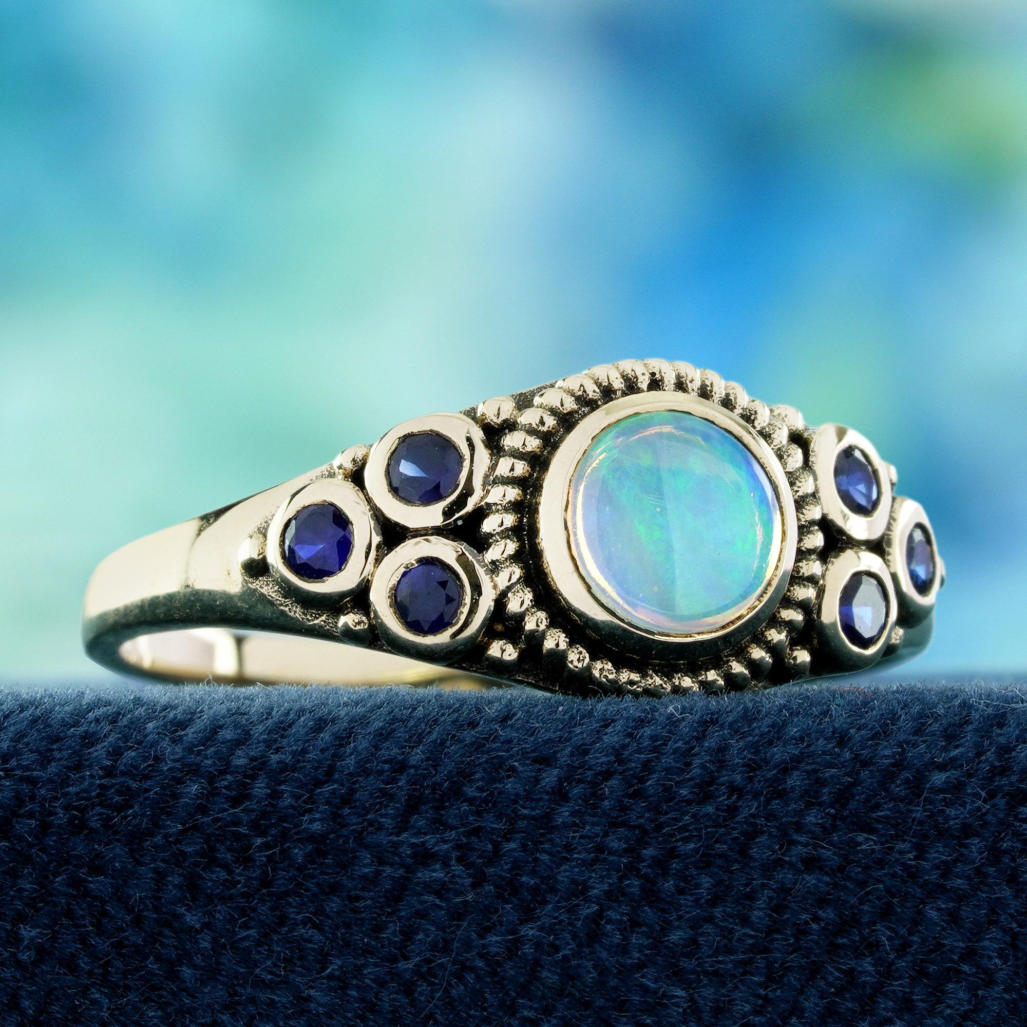 9K Gelbgold Natürlicher Opal und Blauer Saphir Vintage Style Ring (Edwardian) im Angebot