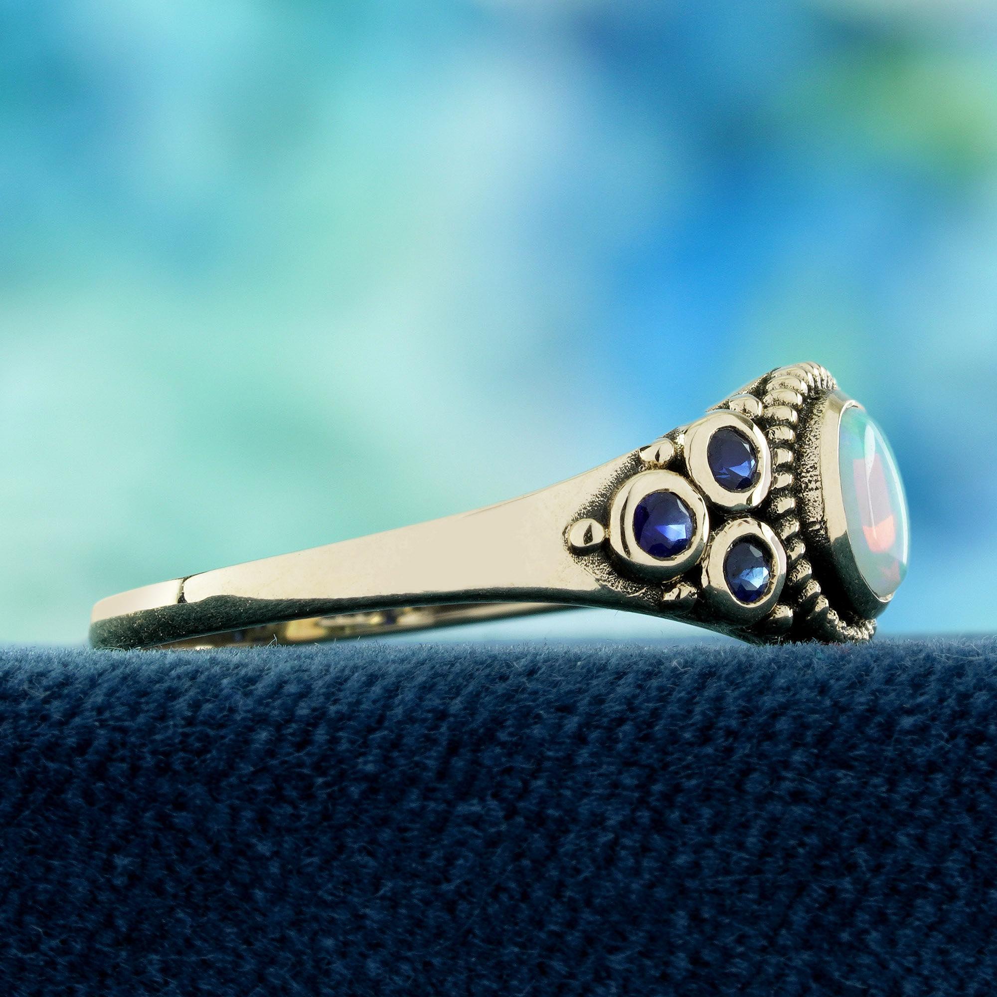 9K Gelbgold Natürlicher Opal und Blauer Saphir Vintage Style Ring (Rundschliff) im Angebot