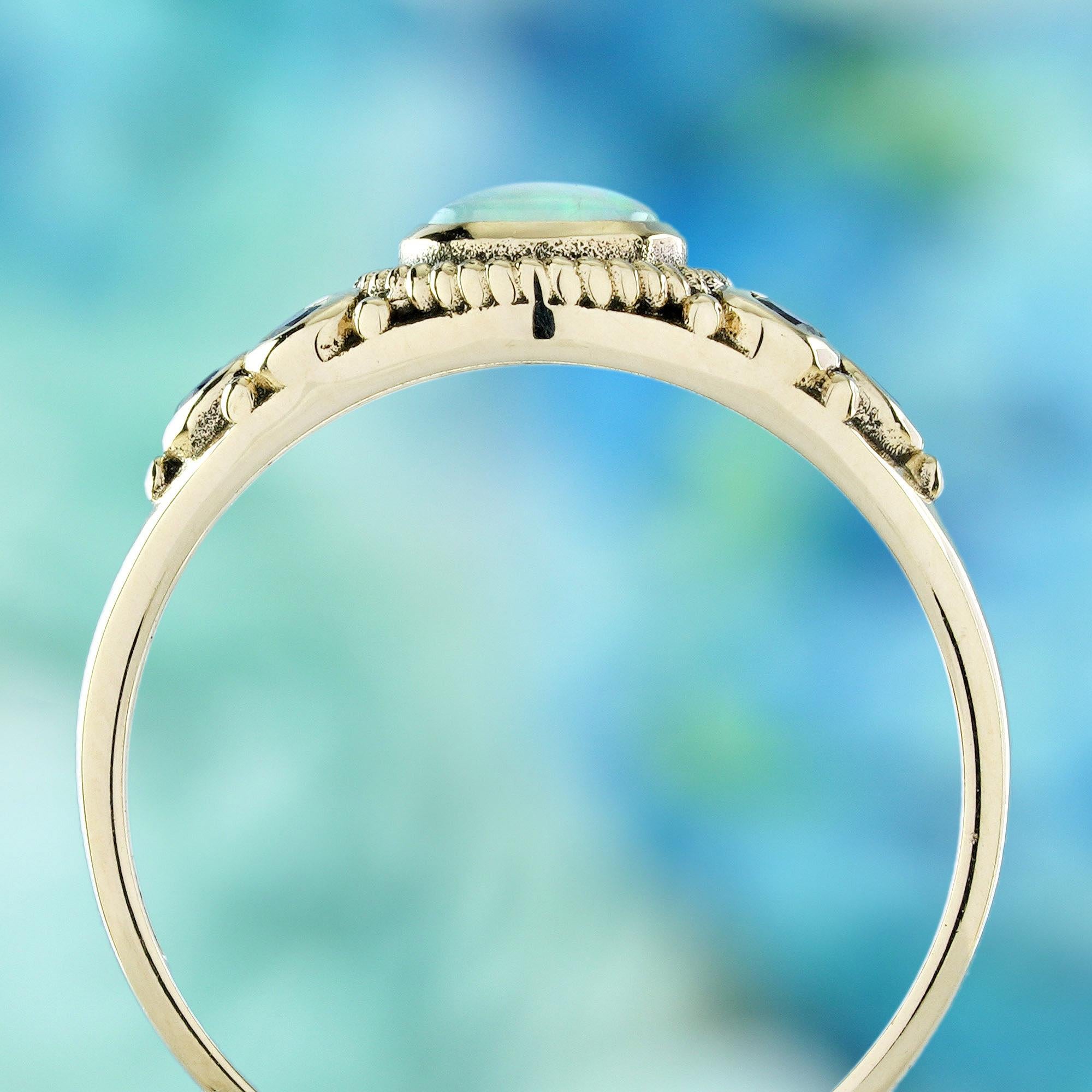 9K Gelbgold Natürlicher Opal und Blauer Saphir Vintage Style Ring im Zustand „Neu“ im Angebot in Bangkok, TH