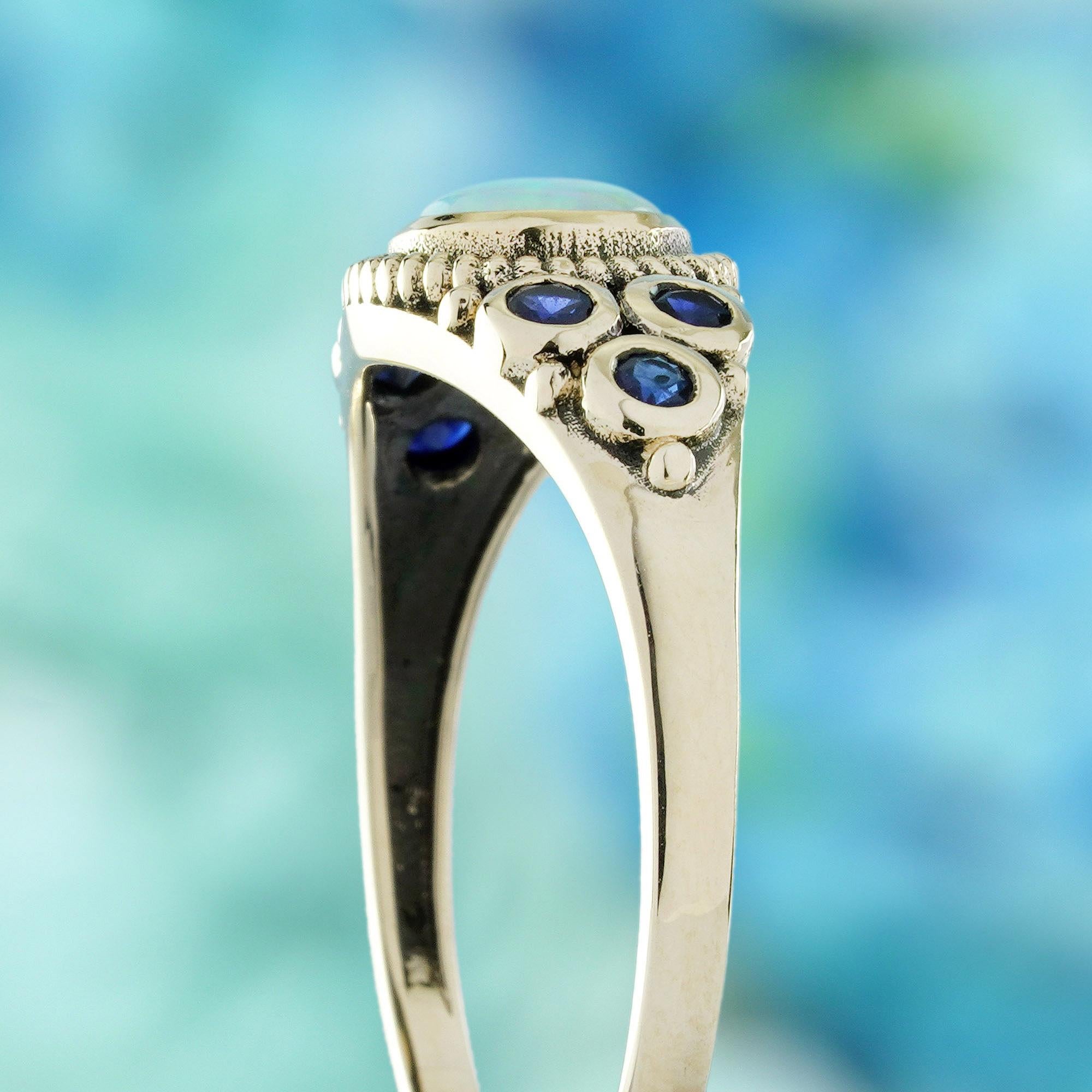 9K Gelbgold Natürlicher Opal und Blauer Saphir Vintage Style Ring Damen im Angebot