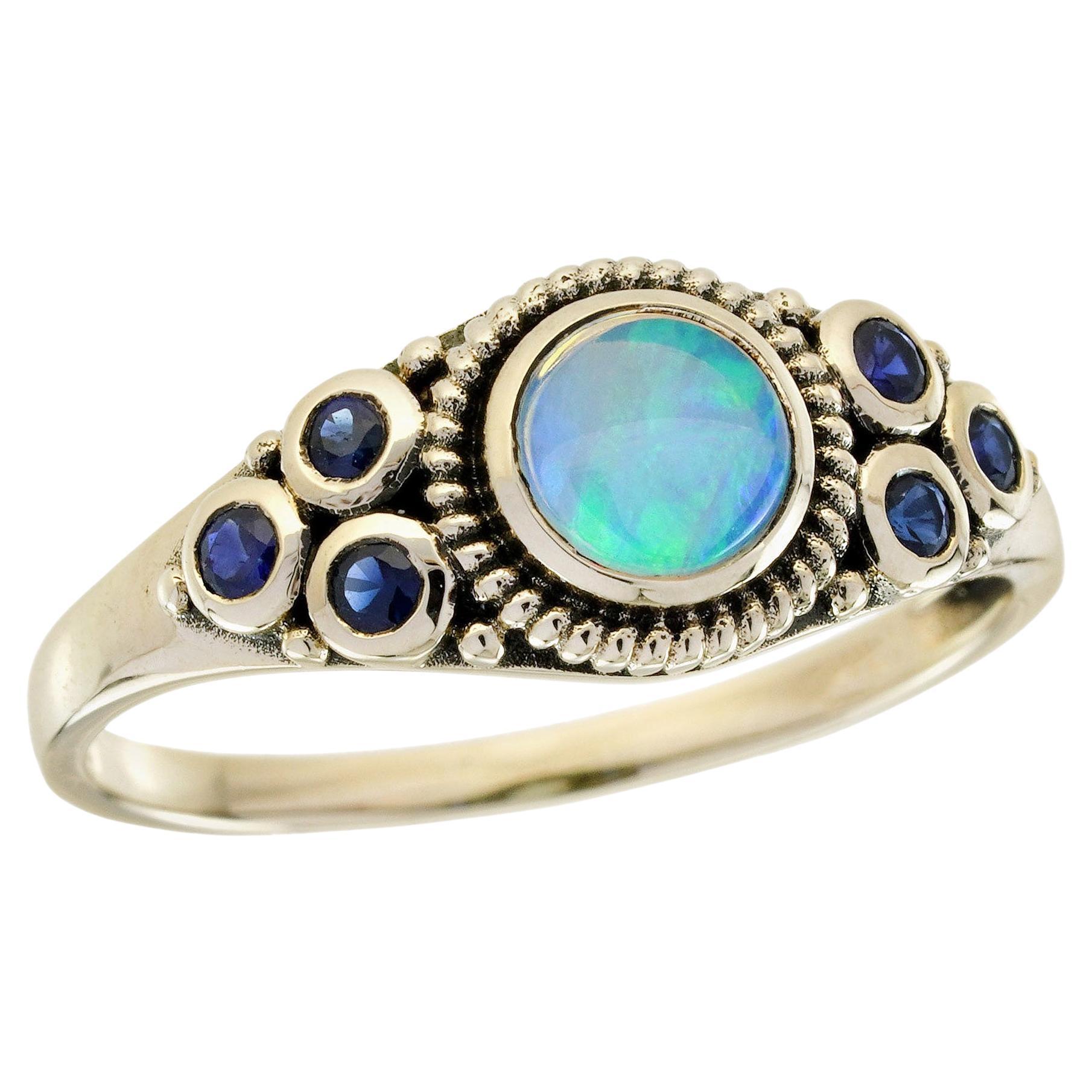 Bague de style vintage en or jaune 9K, opale naturelle et saphir bleu