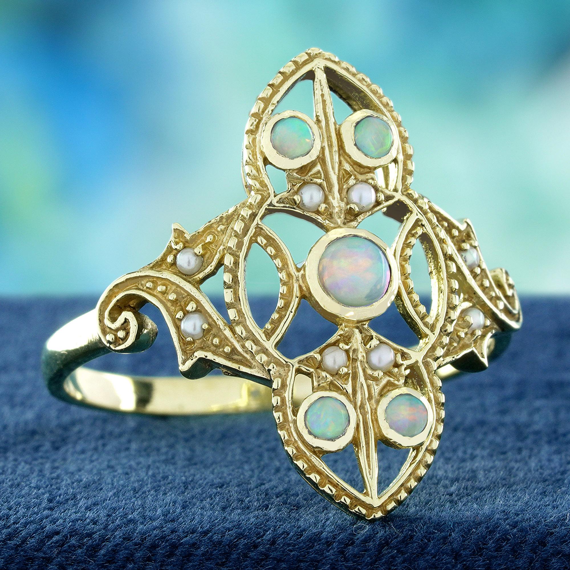 Edwardian 9K Yellow Gold Natural Opal and Pearl Cocktail Ring For Sale