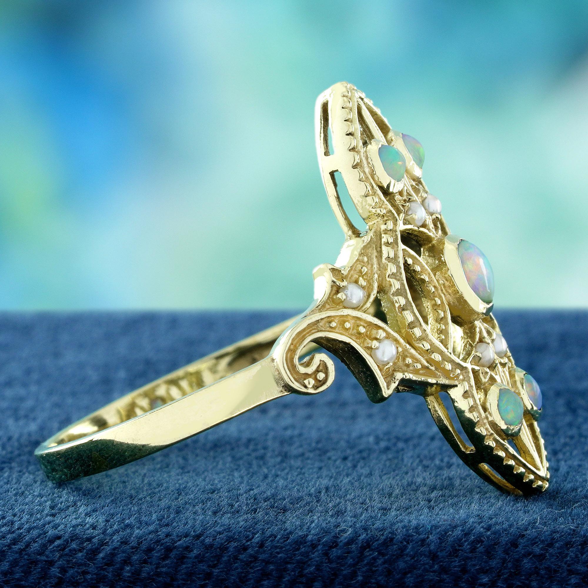 Round Cut 9K Yellow Gold Natural Opal and Pearl Cocktail Ring For Sale