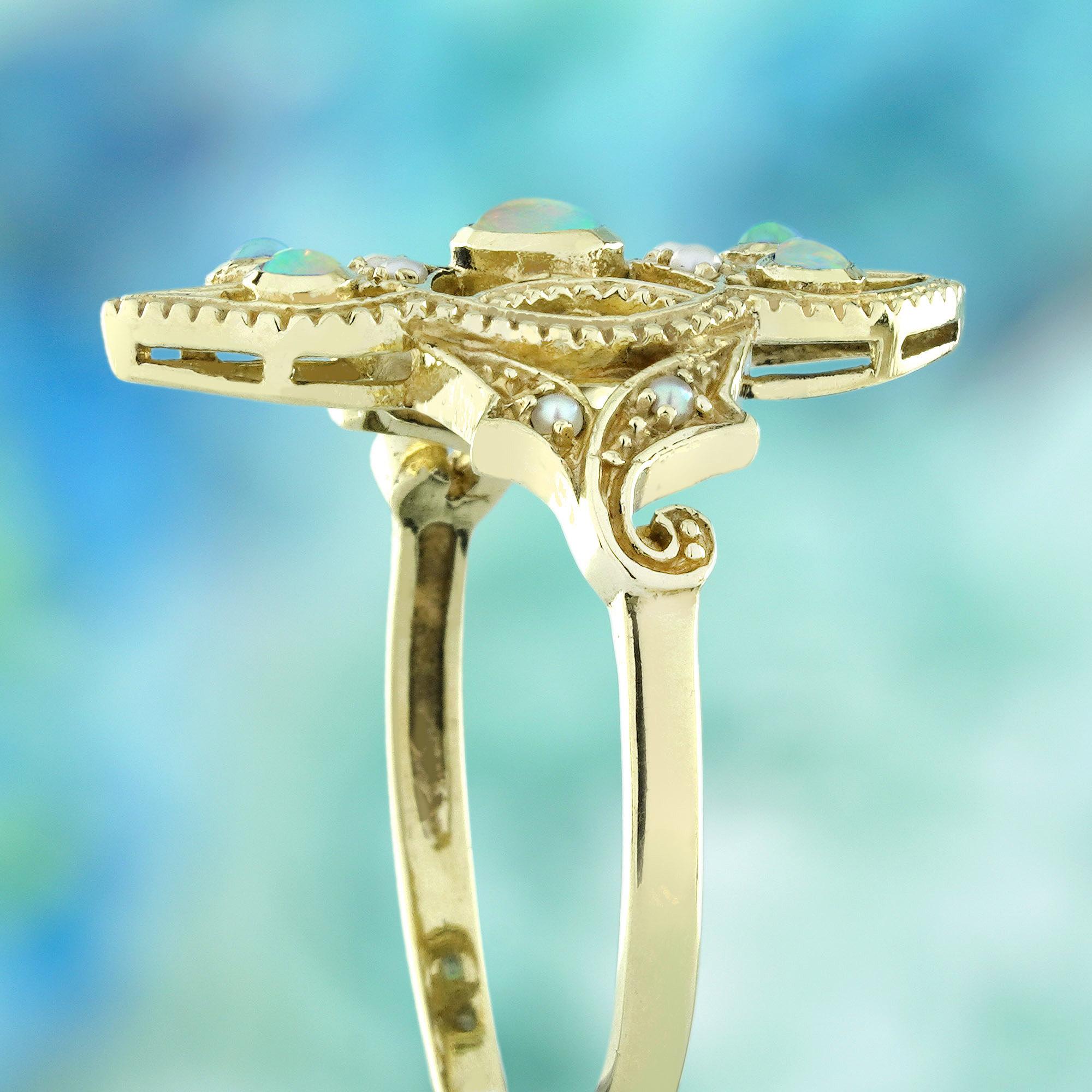 Women's 9K Yellow Gold Natural Opal and Pearl Cocktail Ring For Sale